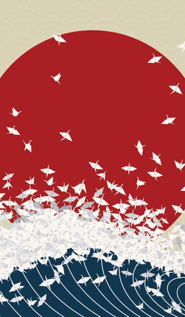 Птицы взлетают из волны на фоне флага Японии