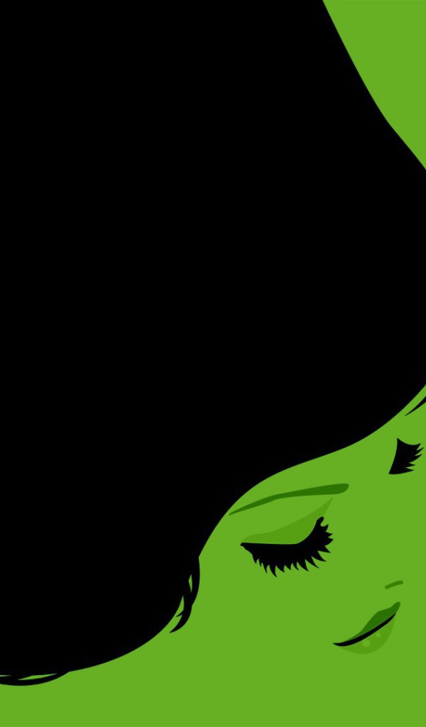 Черные волосы девушки, зеленый фон