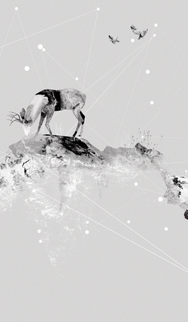 Олени в горах, серый фон