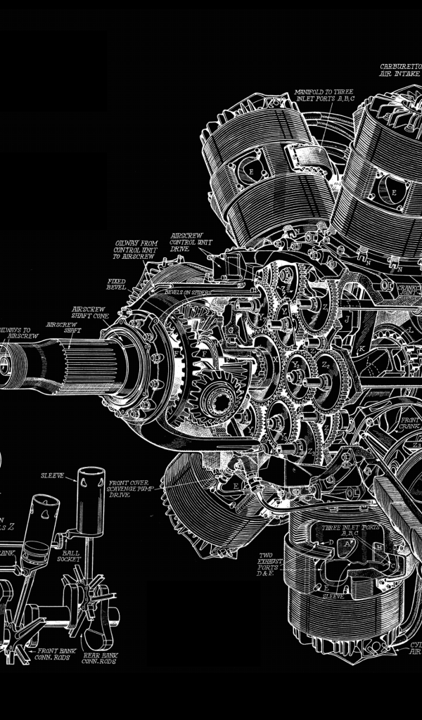 Чертеж мощного двигателя на черном фоне