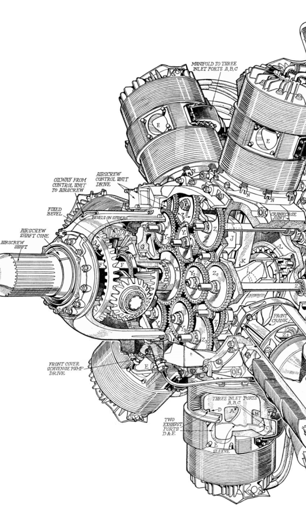 Чертеж мощного двигателя на белом фоне