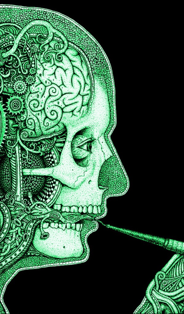 Зеленый силуэт курящего человека на черном фоне