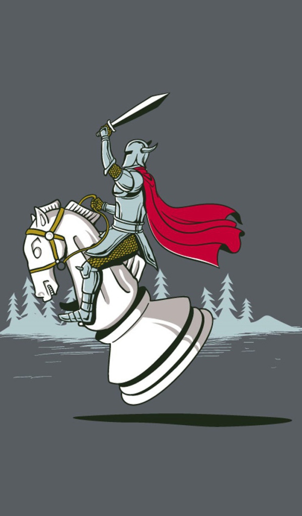 Рыцарь скачет на шахматном коне, серый фон