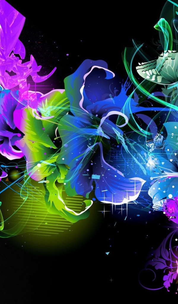 Орнамент из ярких цветов на черном фоне