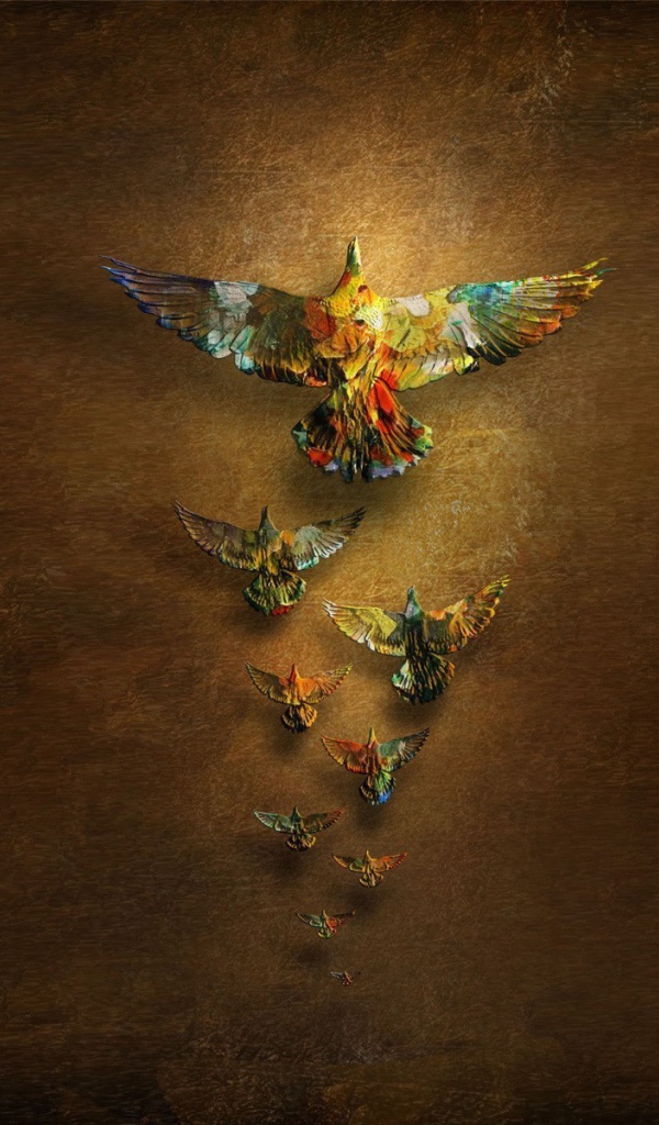 Радужные птицы на коричневом фоне