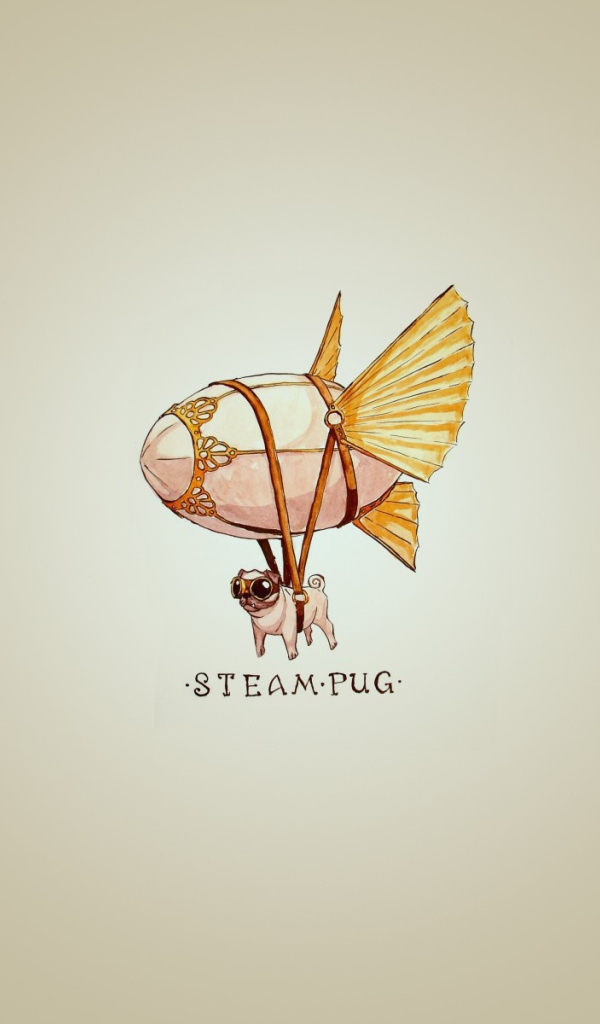 Мопс на дирижабле, серый фон