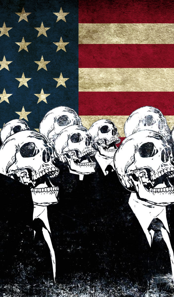 Скелеты в костюмах на фоне флага США