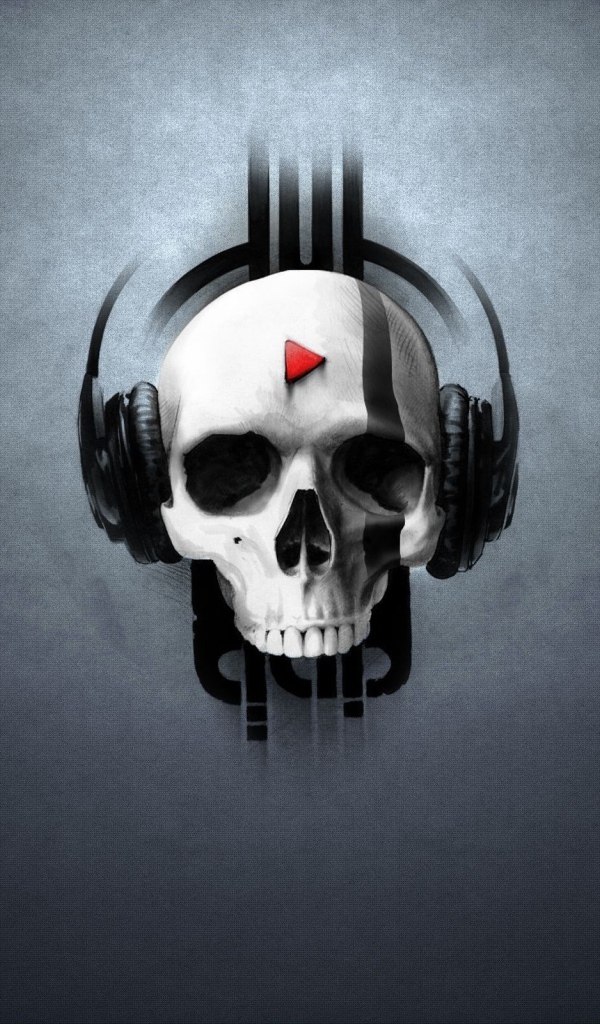 Череп в наушниках, серый фон