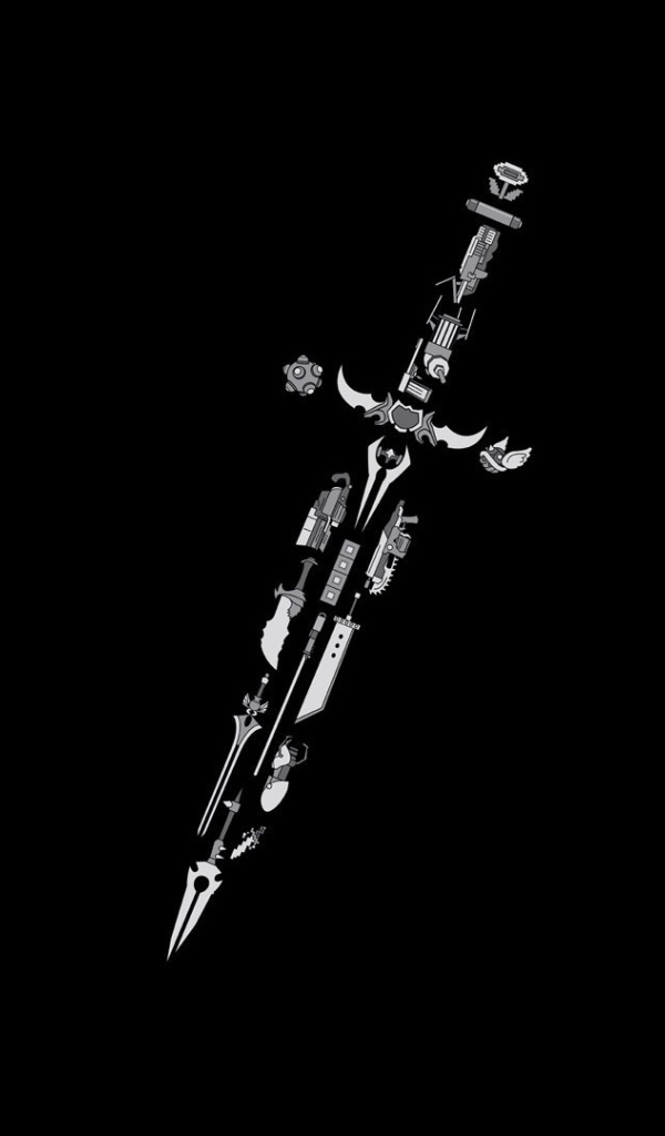 Меч из элементов разных игр, черный фон
