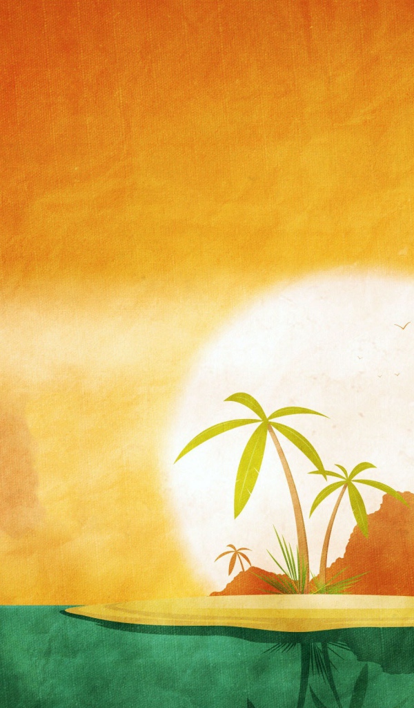 Тропический остров, оранжево зеленый фон