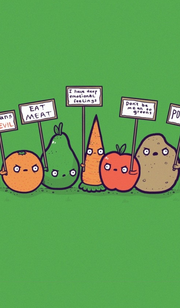 Овощи проводят митинг, зеленый фон