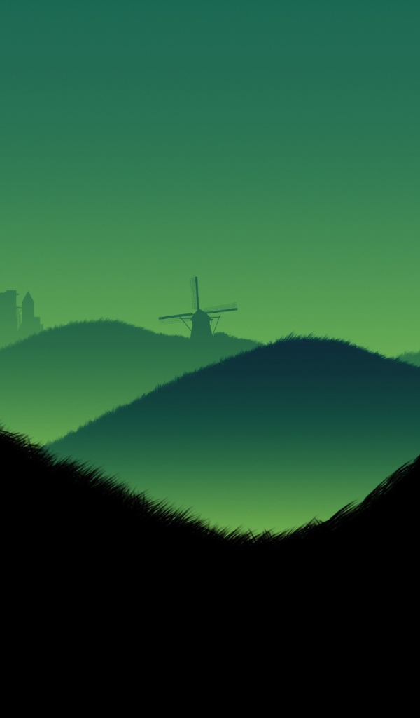 Ветряк на холме, черно зеленый фон