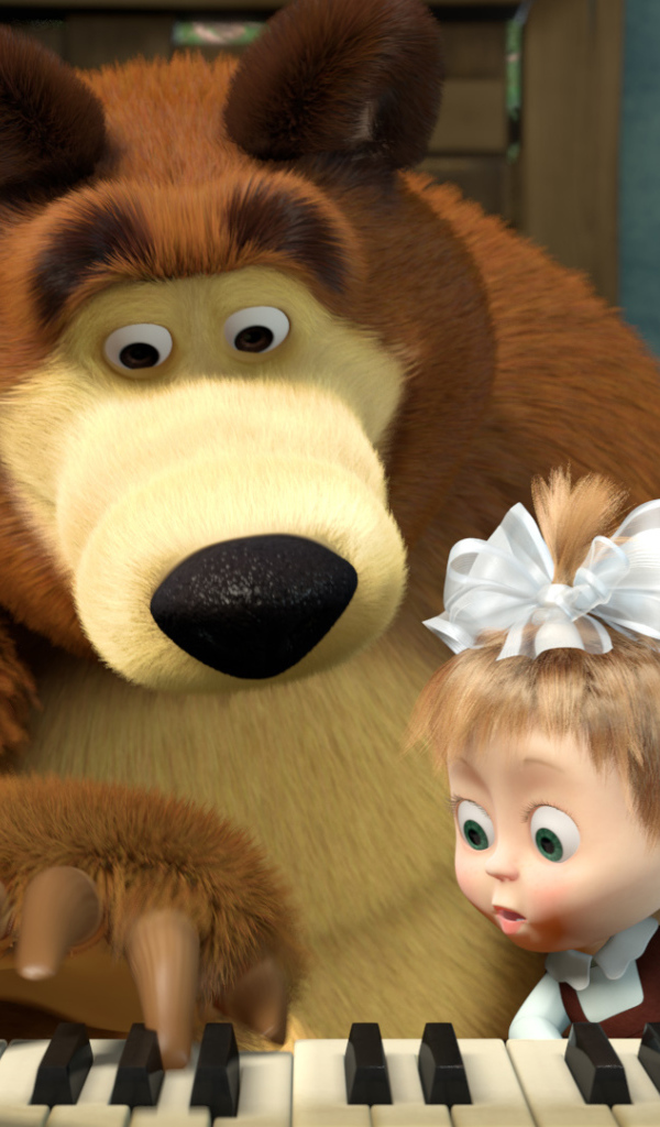 Маша и медведь играют на пианино