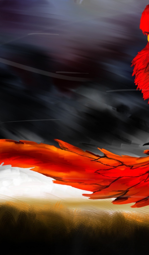 Красная птица ухватилась за ветку во время ветра