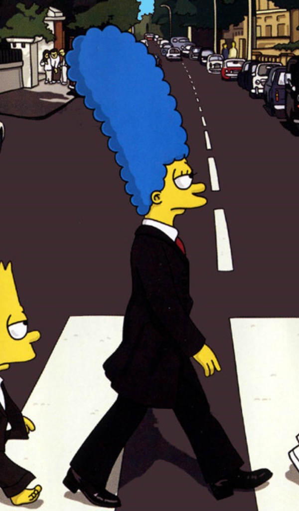Семья Симпсонов в костюмах переходит дорогу
