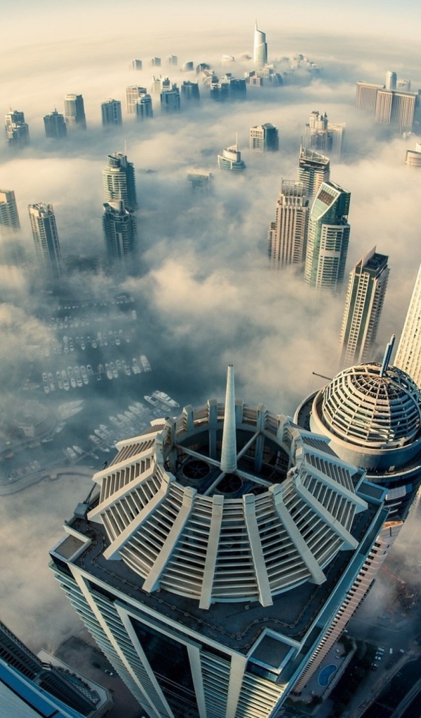 Панорама туманного города, фото через линзу рыбий глаз