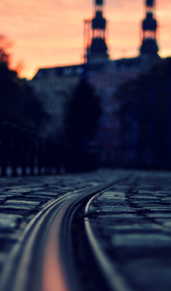 Рельсы для трамвая среди брусчатки