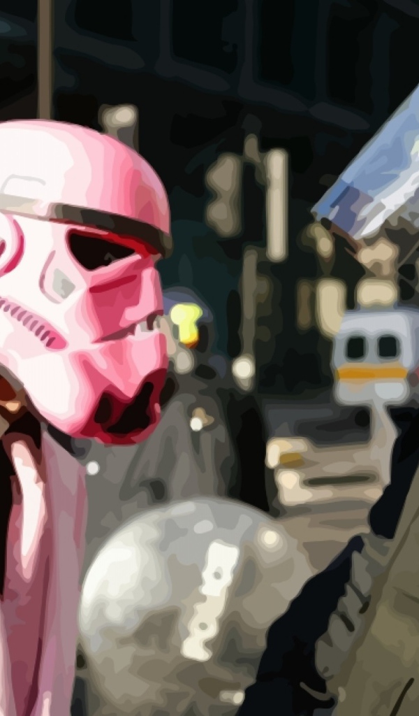 Полицейский и человек в розовой маске Дарта Вейдера