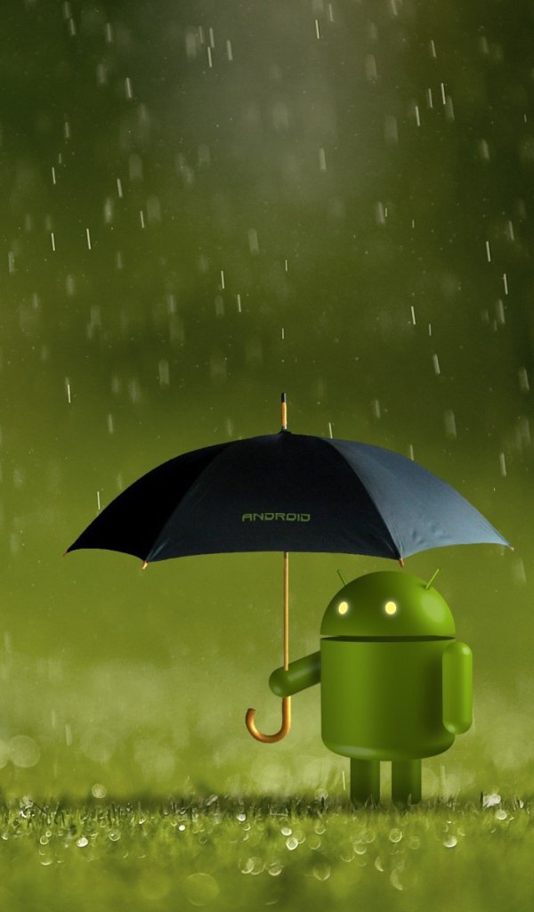 Андроид прячется от дождя под зонтом