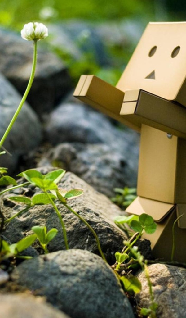 Картонный человечек радуется цветку