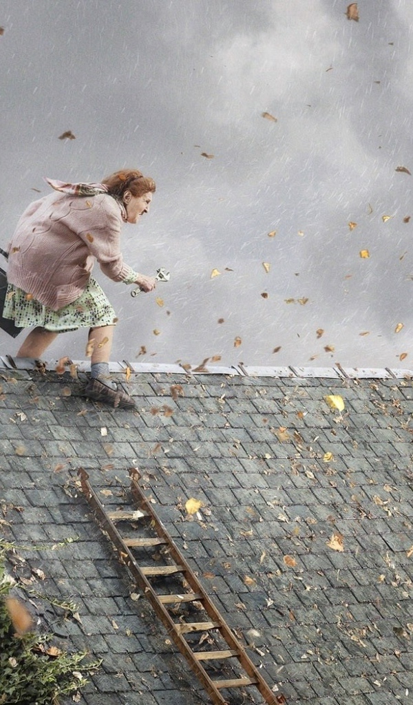 Бабушка занимается ремонтом на крыше