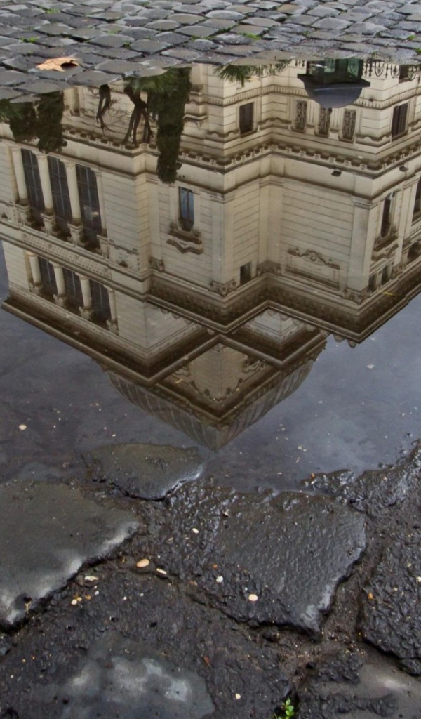 Отражение городского здания в луже