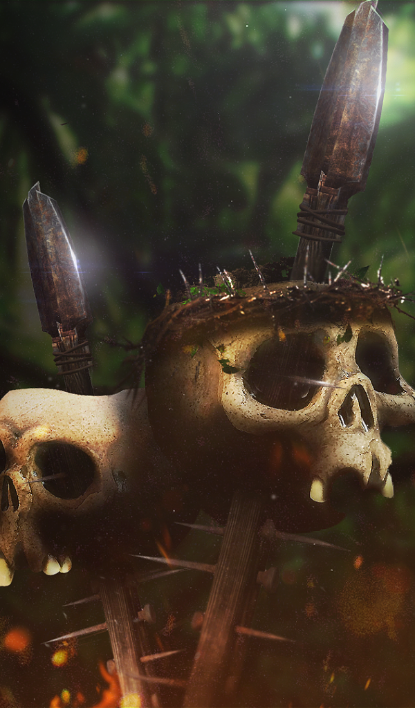 Черепа на копьях в джунглях