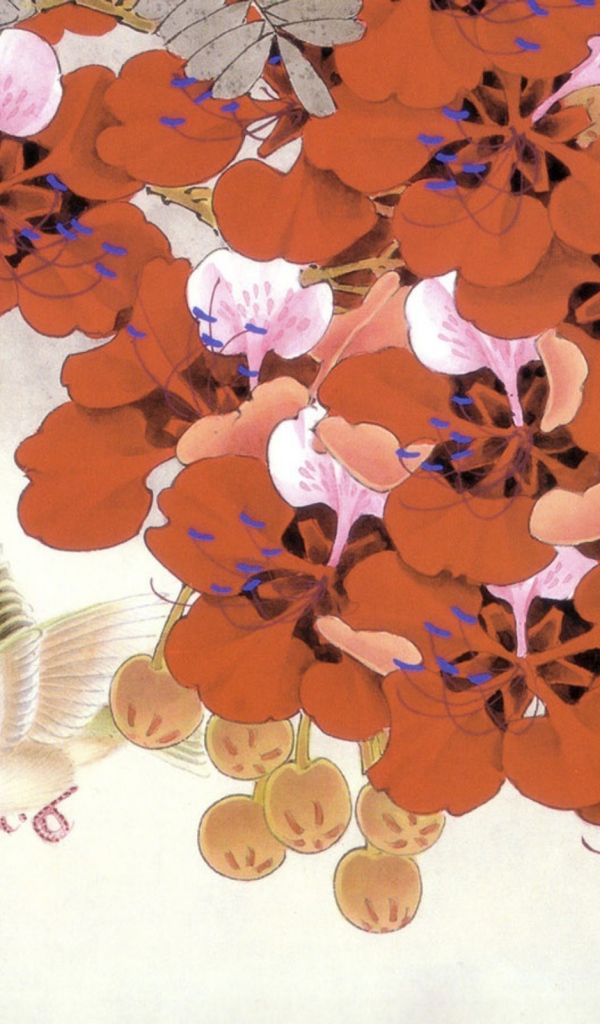 Птицы среди красных цветов, японская живопись