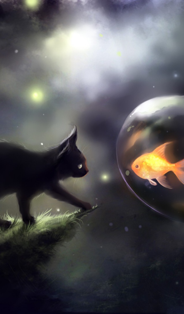 Черный котенок и золотая рыбка, арт