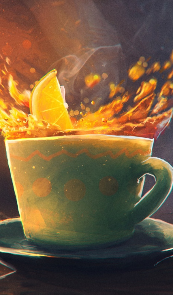 Долька апельсина падает в чашку, рисунок