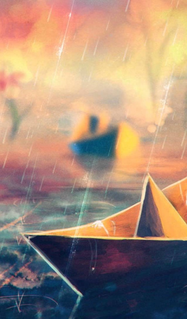 Бумажный кораблик под дождем, рисунок