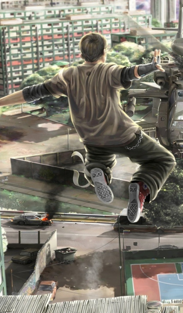 Паркурщик прыгает на вертолет