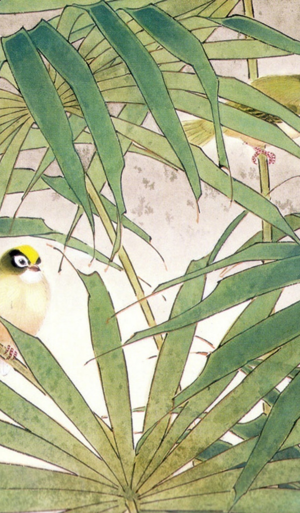 Семья птиц в зарослях, японская живопись