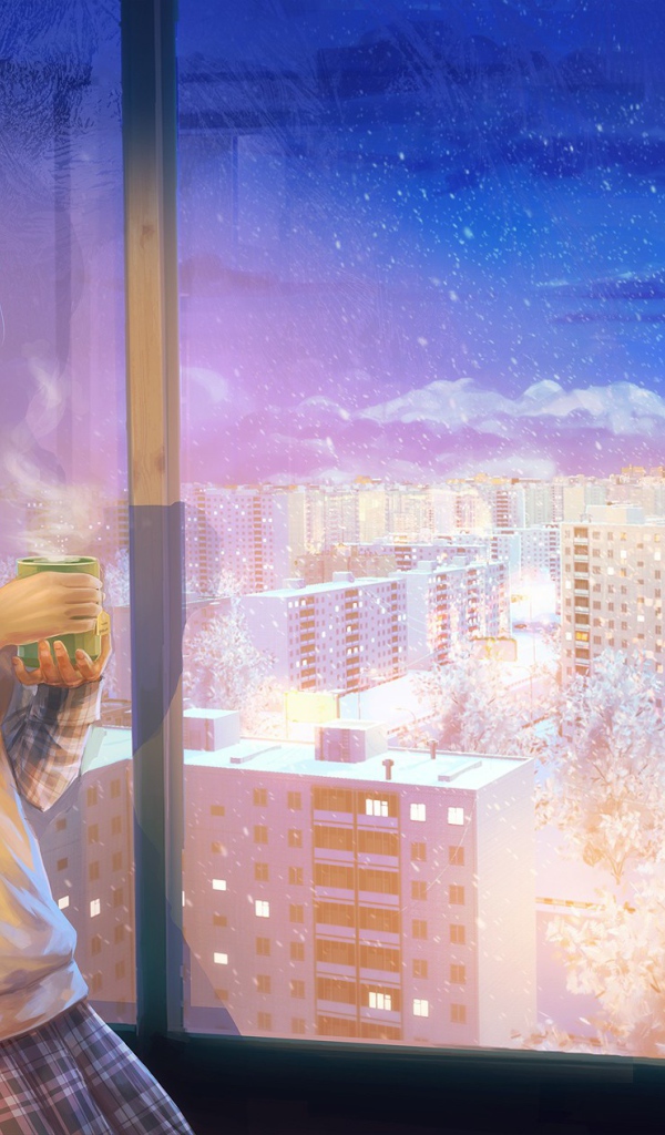 Девушка смотрит на ночной город, работа художника ArseniXC