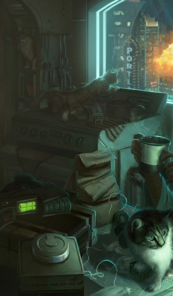 Девушка пьет чай в окружении котов