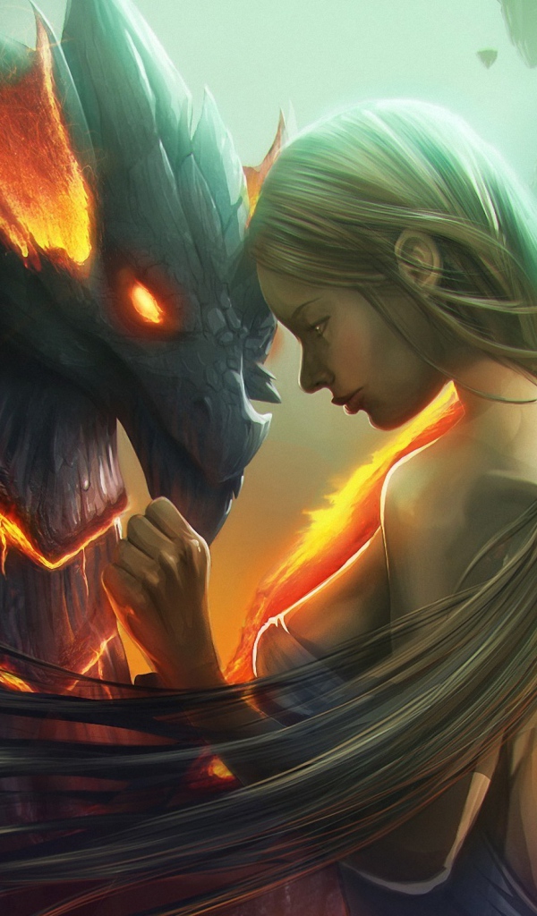 Длинноволосая девушка и дракон