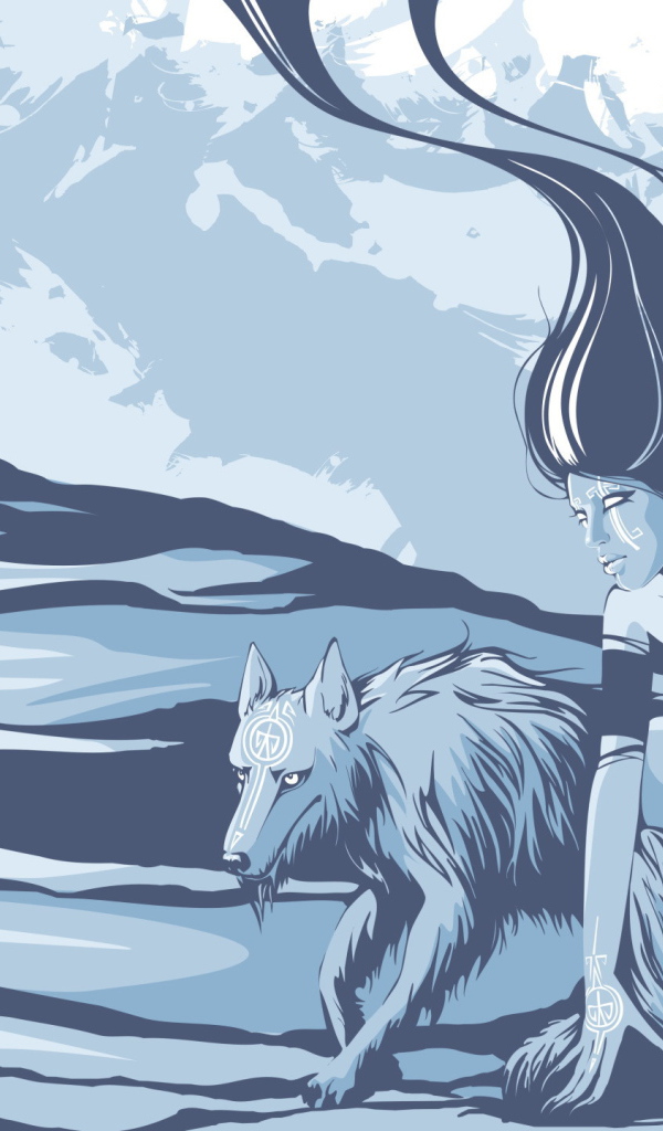 Девушка и волк в горах