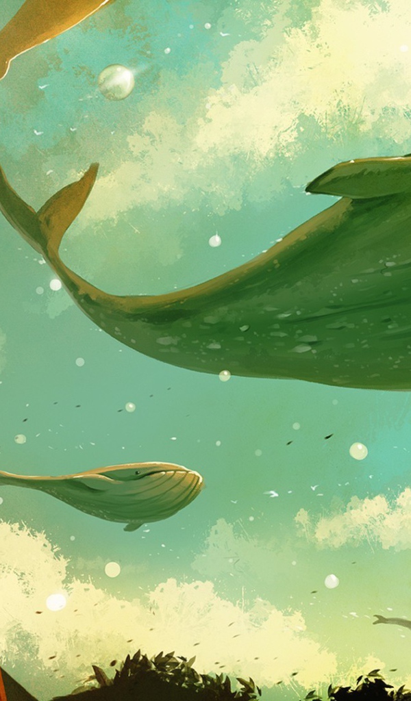 Стая китов пролетает в небе