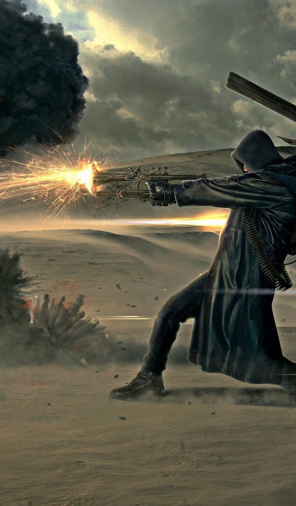 Солдат в черном плаще стреляет из оружия