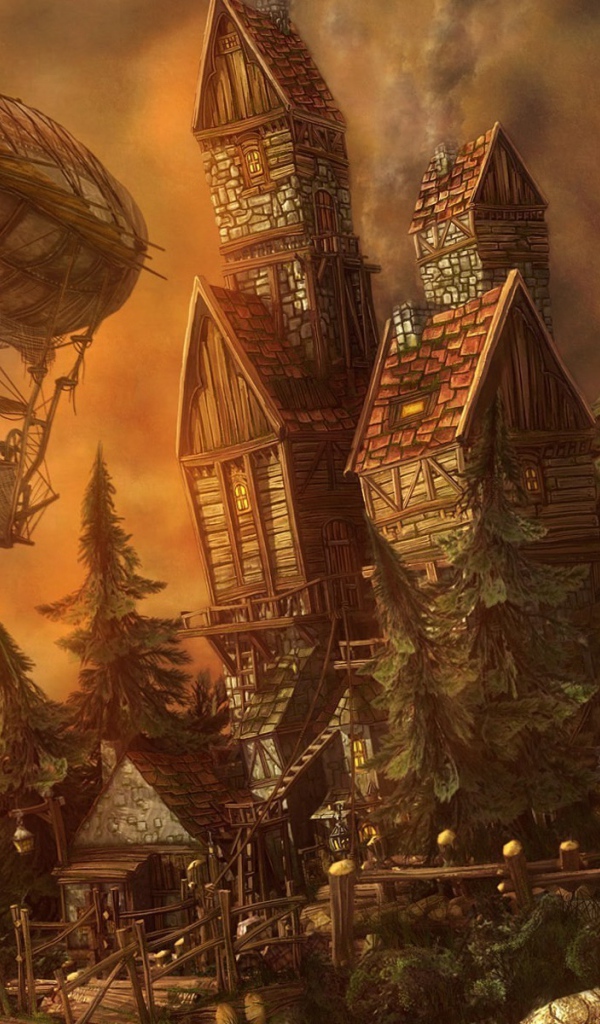 Дирижабли у замка в мире фэнтези