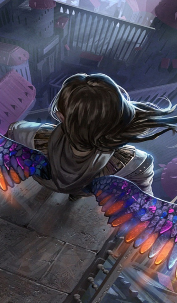 Ангел с радужными крыльями на краю