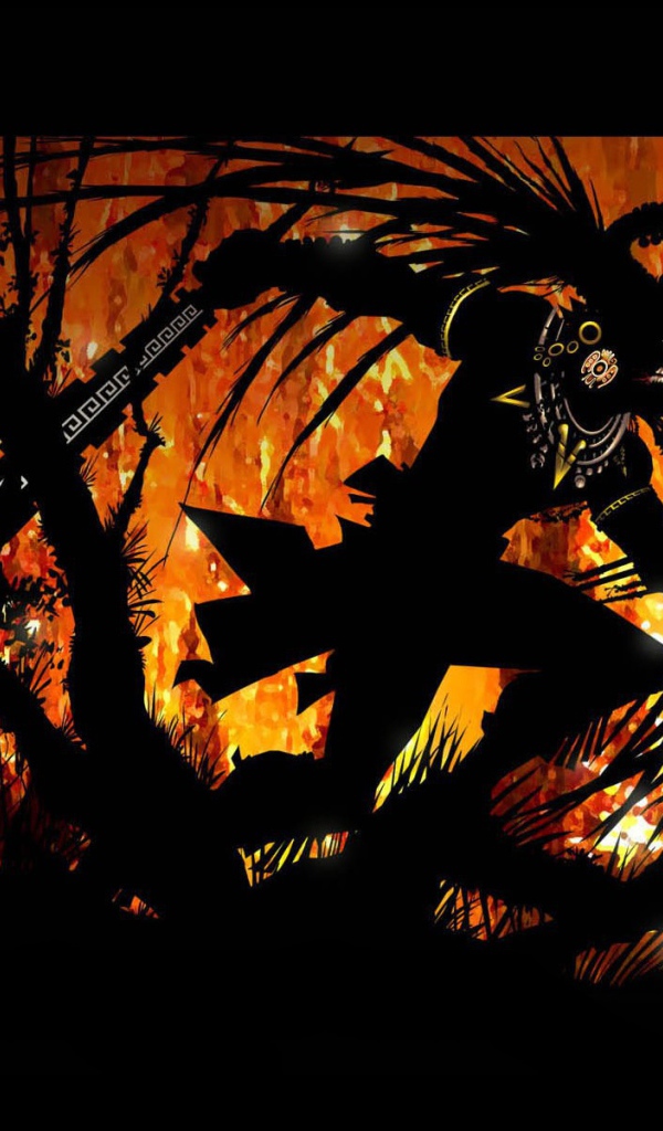 Воин ацтек в горящем лесу