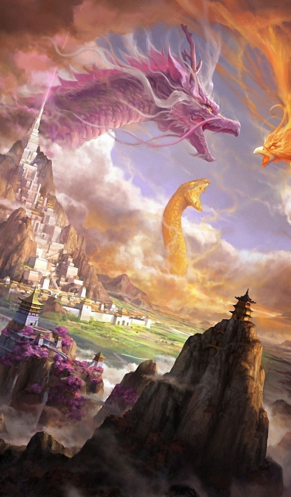 Сражение дракона и птицы Феникс