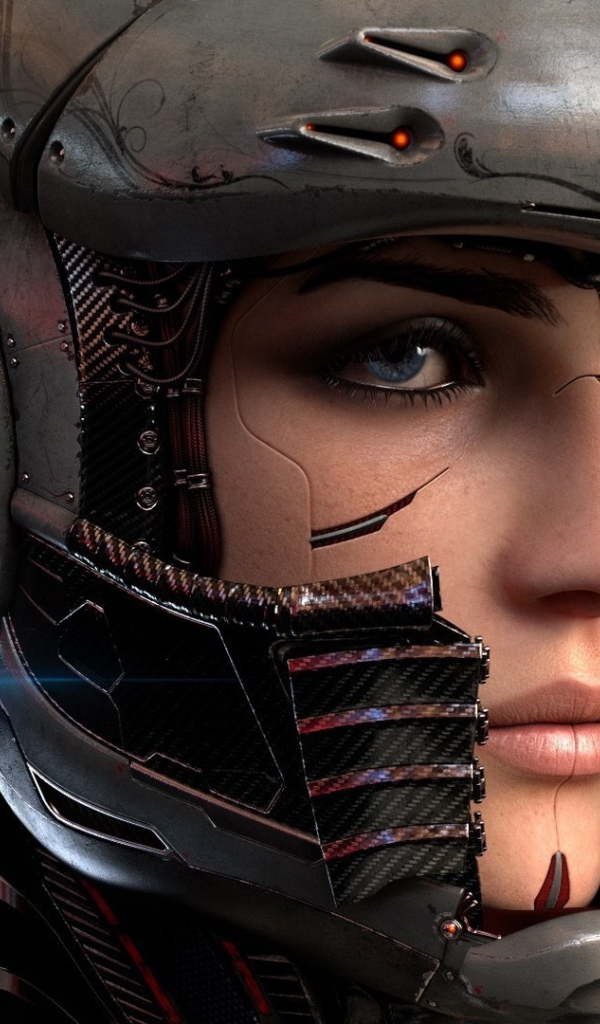 Голубоглазая девушка киборг в шлеме