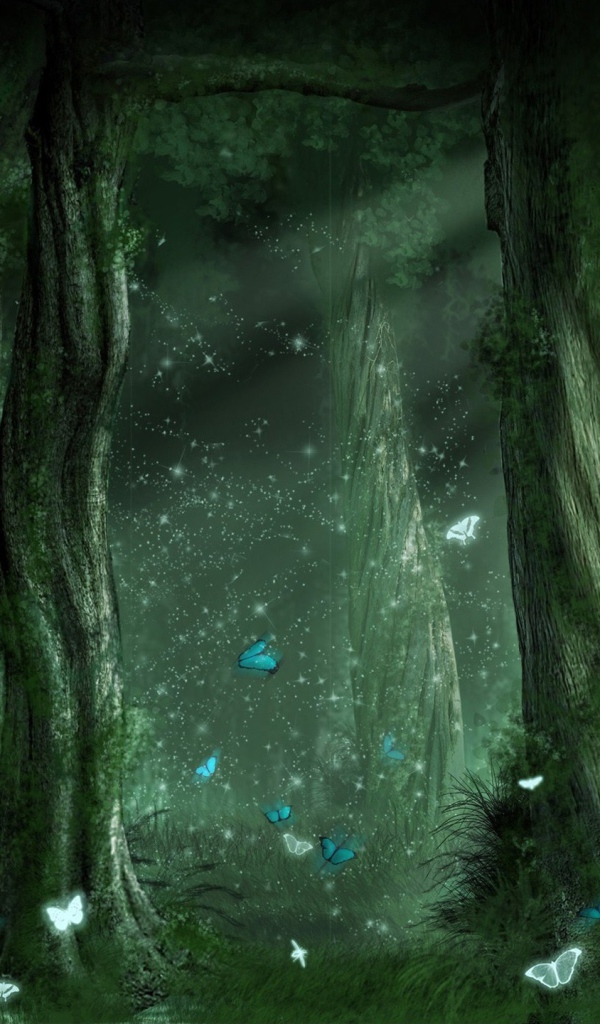 Голубые бабочки в волшебном лесу