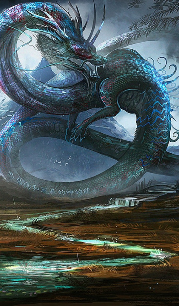 Буддист молится на фоне дракона