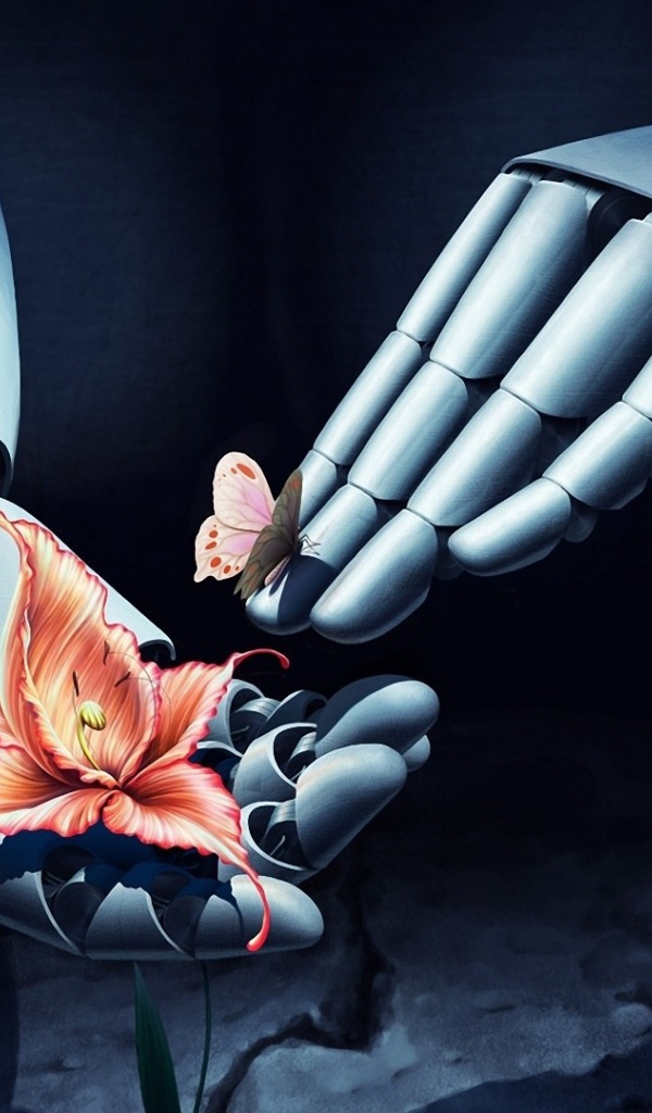 Бабочка и цветок в руках робота