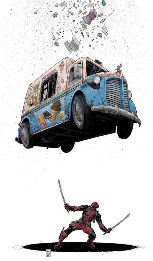 Автомобиль падает на Дэдпула