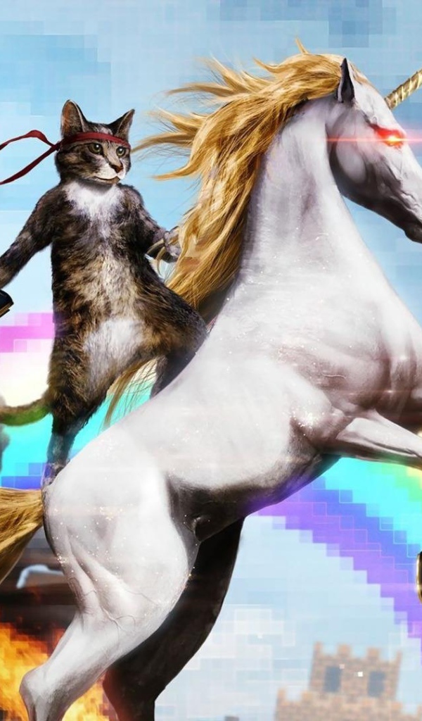 Кот с пистолетом верхом на единороге