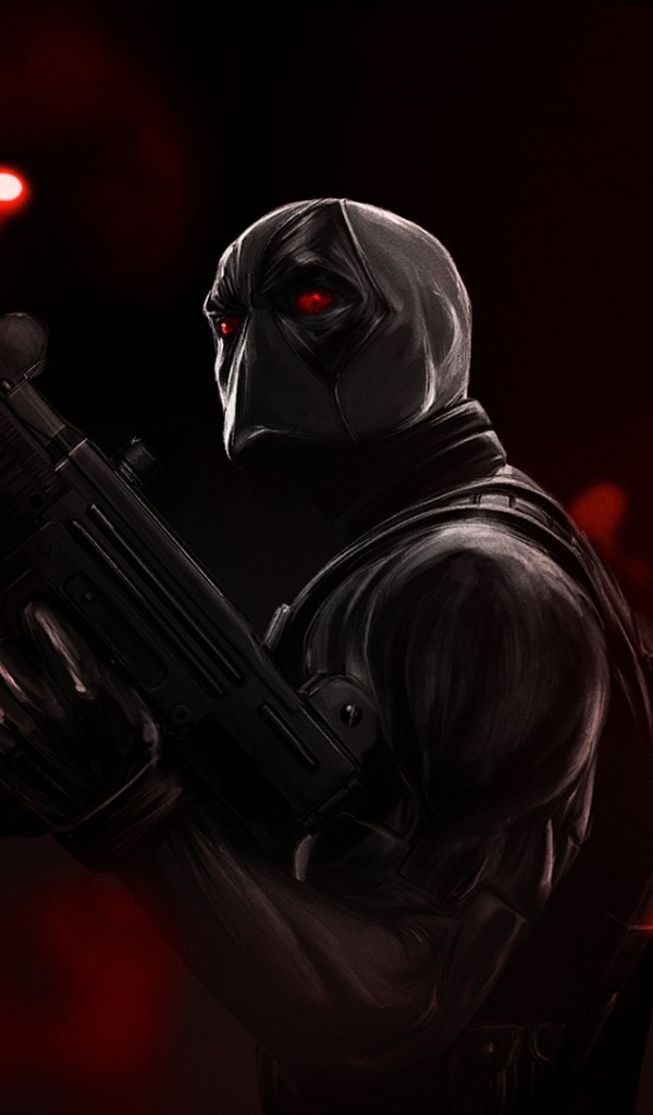 Злой персонаж Дэдпул на красном фоне